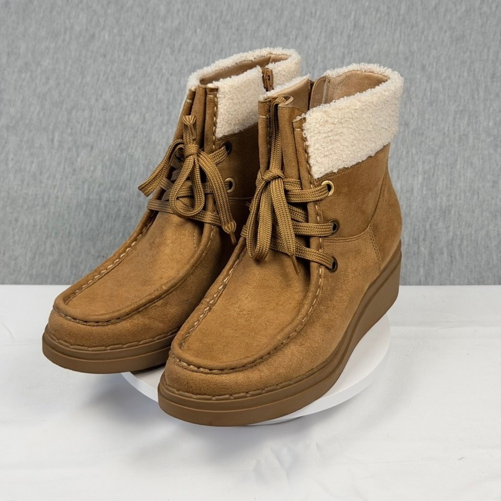 LifeStride Devon Honey Tan Faux Fur‎ Lace Up Wedge Ankle Boots Womens 8.5M